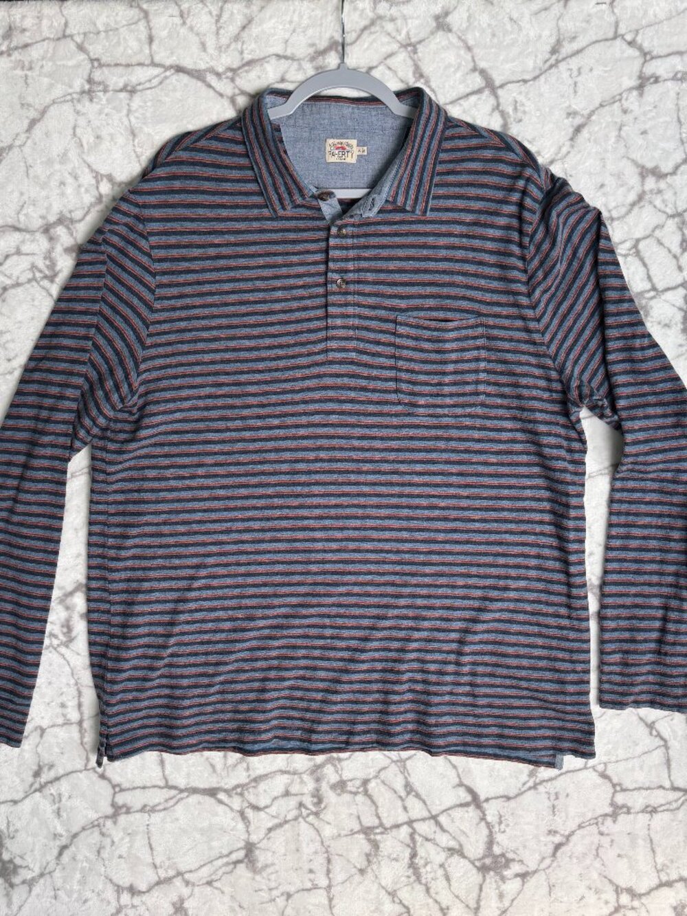 FAHERTY Long Sleeved Polo Shirt Men’s XL Grey Blue Pink Striped Plush Feel